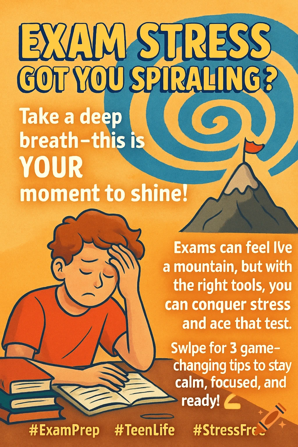 Illustration of a stressed student studying, with text about managing exam stress.