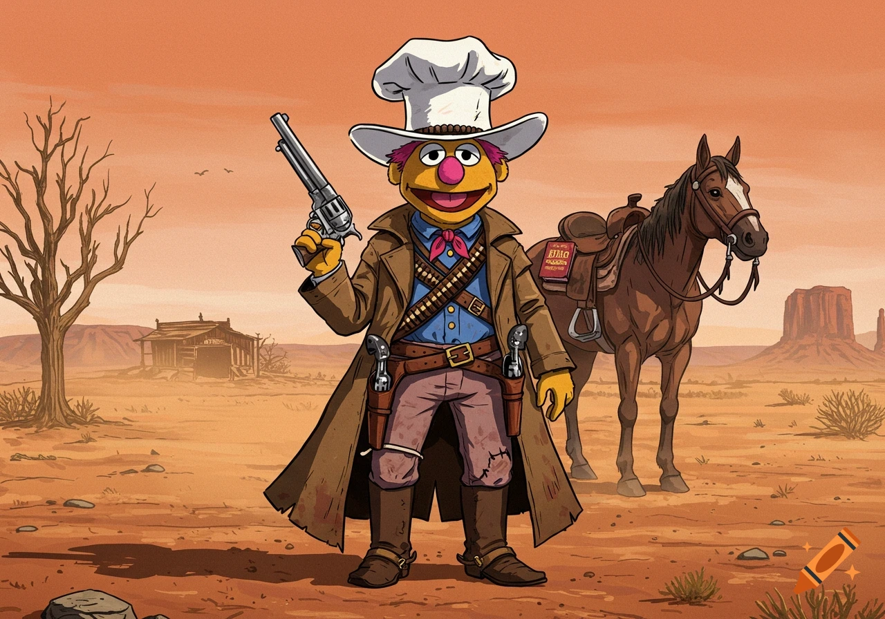 Swedish Chef Muppet dressed as a cowboy in a desert with a horse, holding a gun.