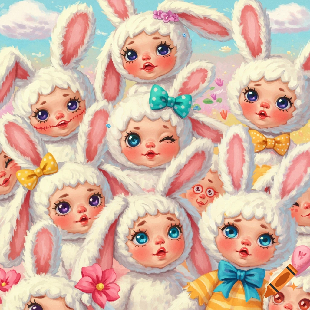 Close-up of many cute doll faces wearing white bunny costumes with bows and varied expressions, digital illustration