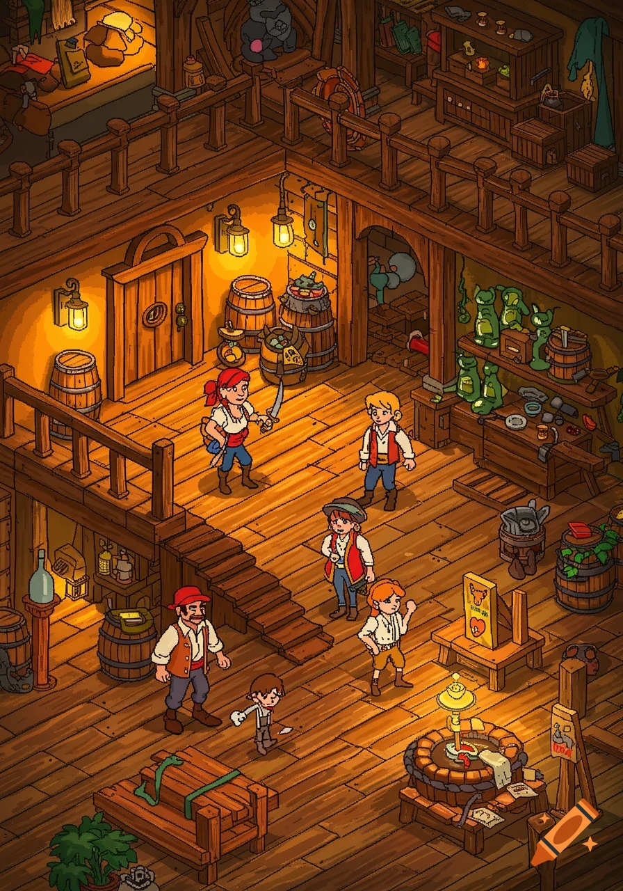 Pixel art scene of pirates gathered in a wooden tavern