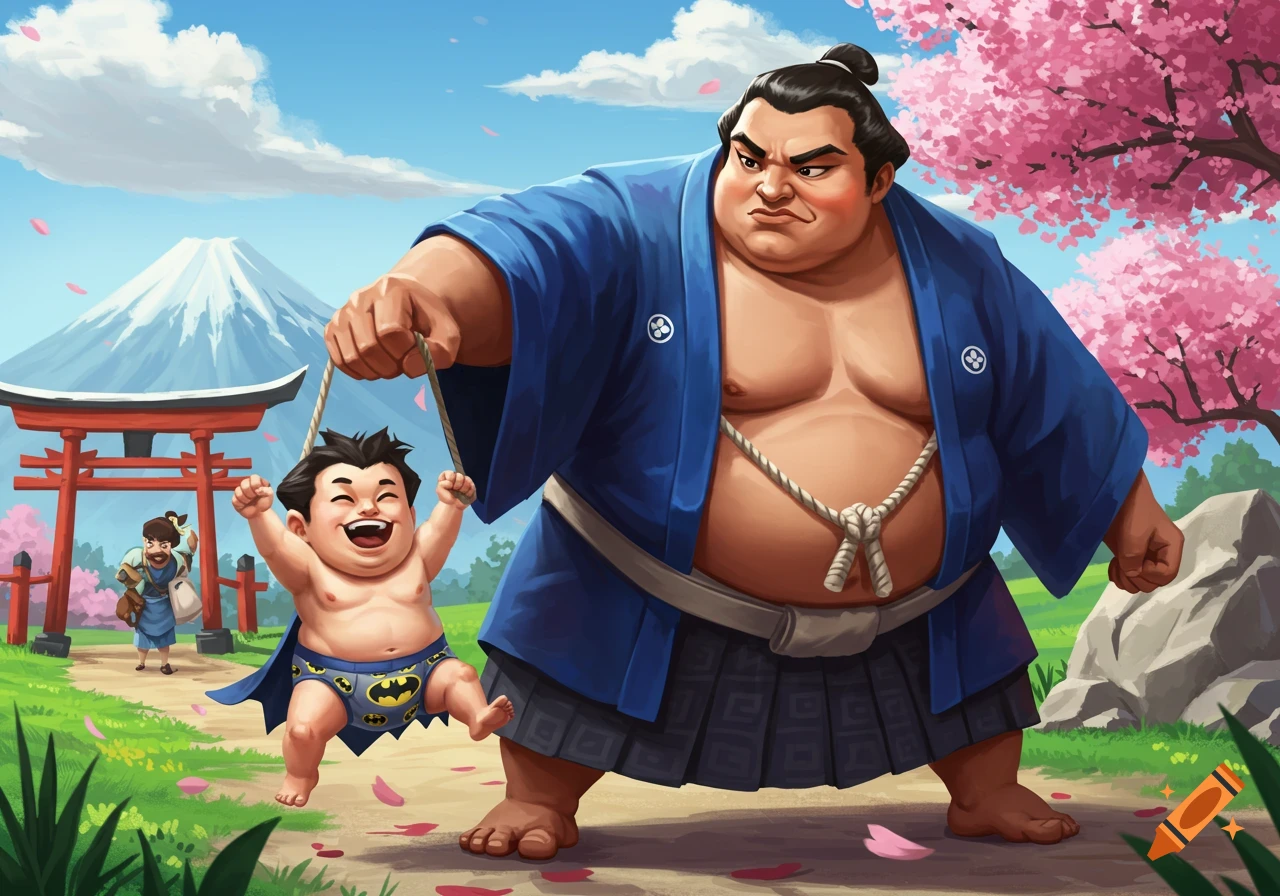 Cartoon sumo wrestler holds up laughing baby in Batman underwear in Japanese landscape with Mt Fuji