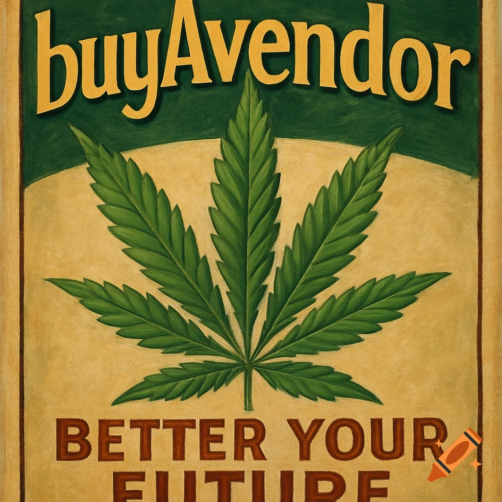 A poster with a green cannabis leaf between the words 'buyAvendor' and 'BETTER YOUR FUTURE'.