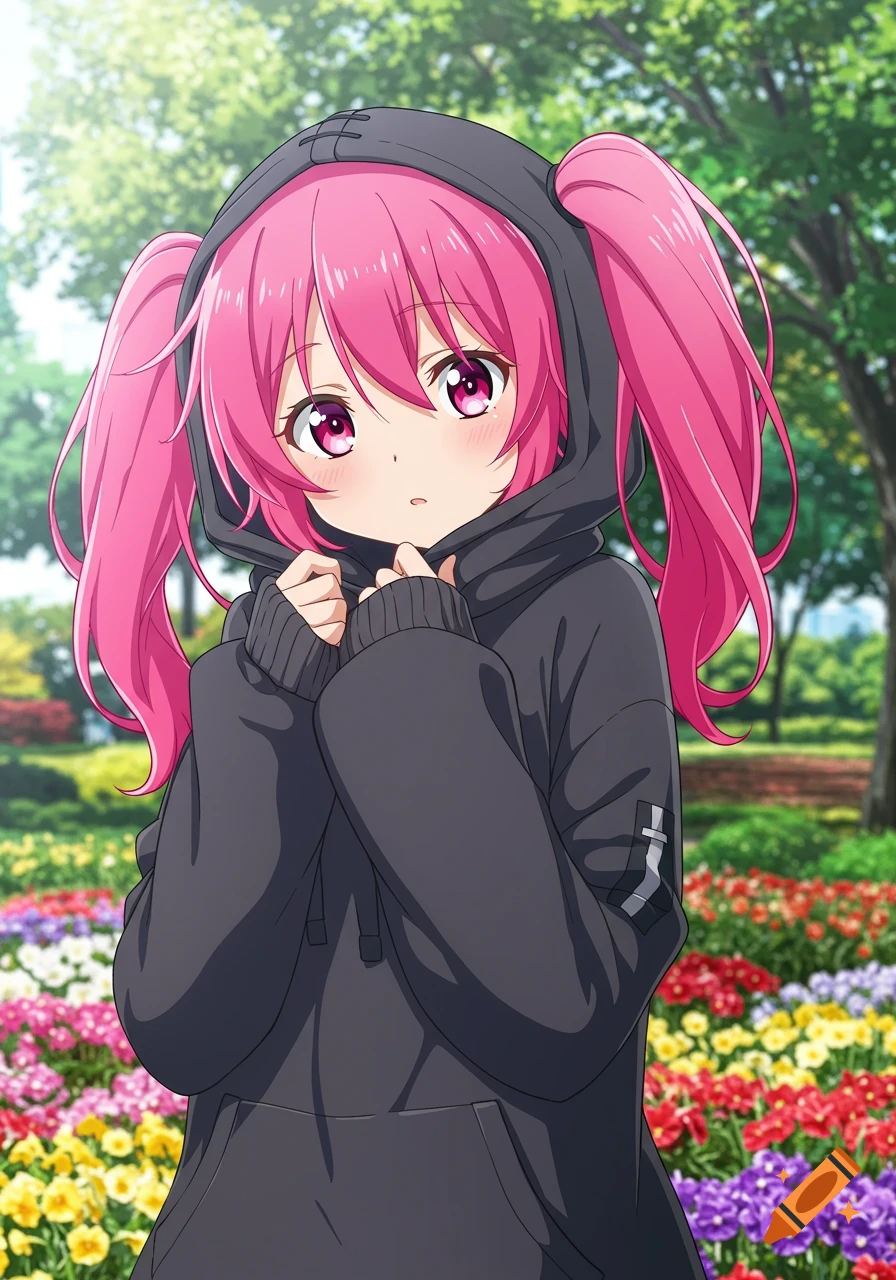 Anime girl with pink pigtails wearing a black hoodie in a flower garden