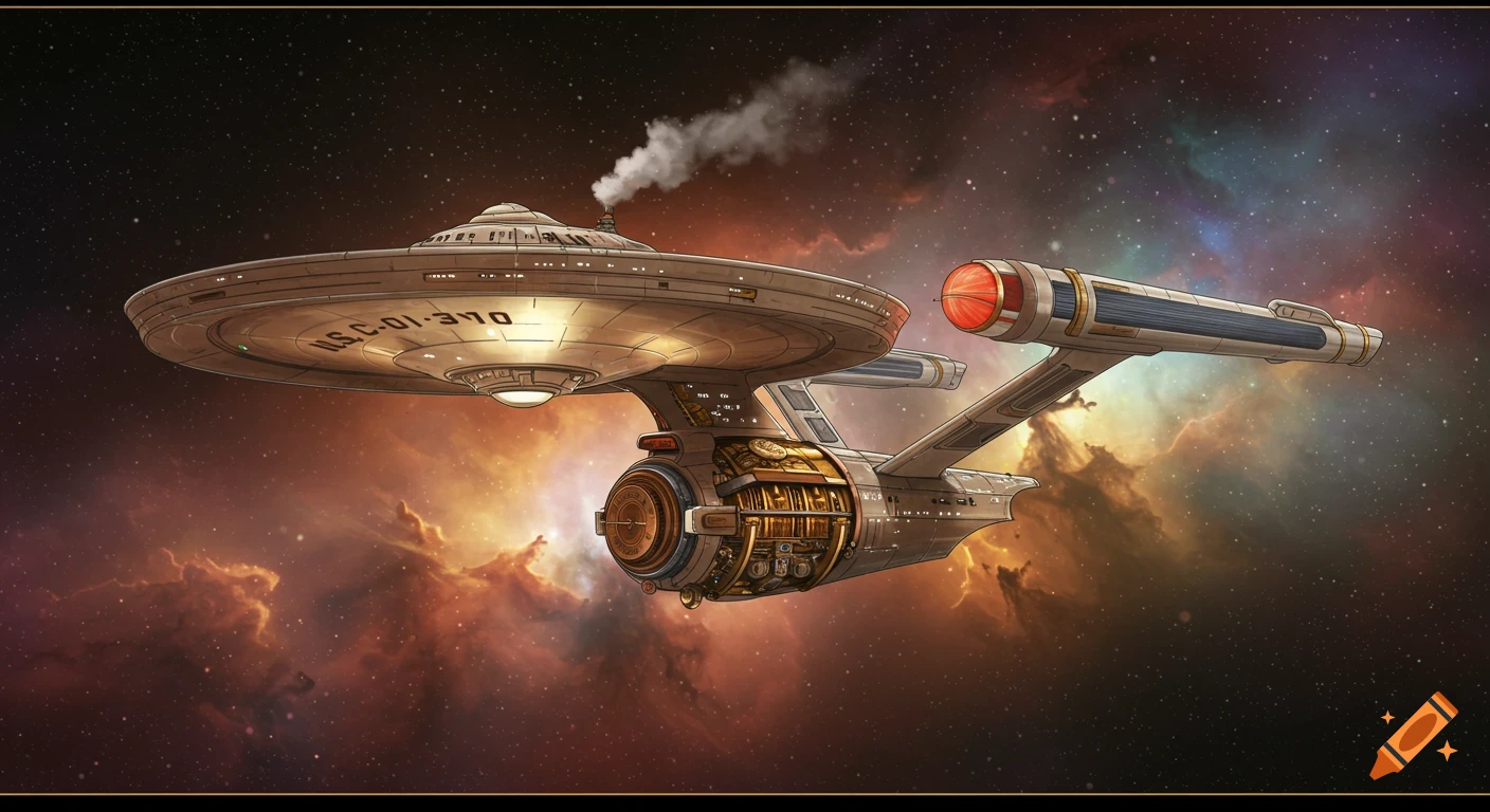 Steampunk USS Enterprise spaceship flying through space with nebulas.
