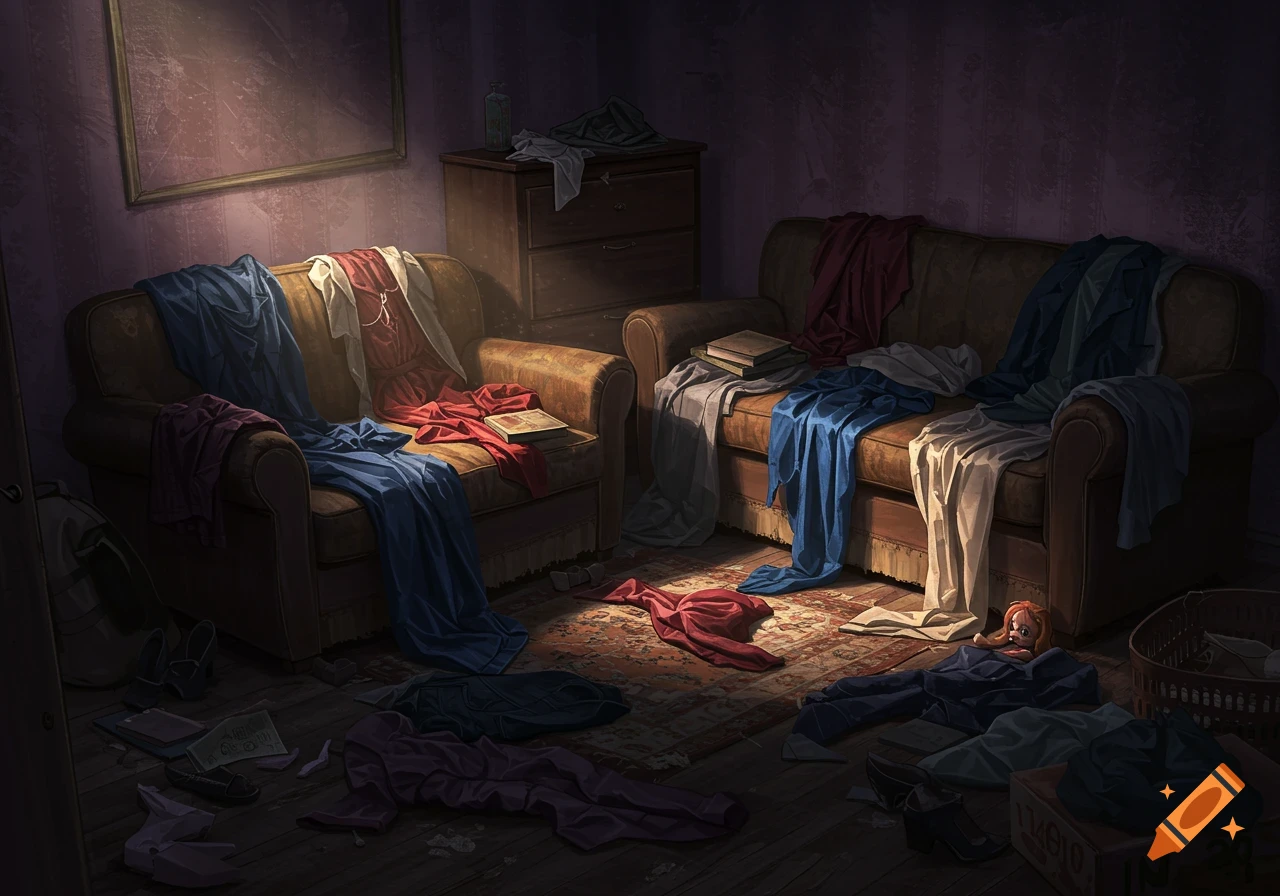Messy room with couches covered in clothes, books, and other items, lit by a single light source.