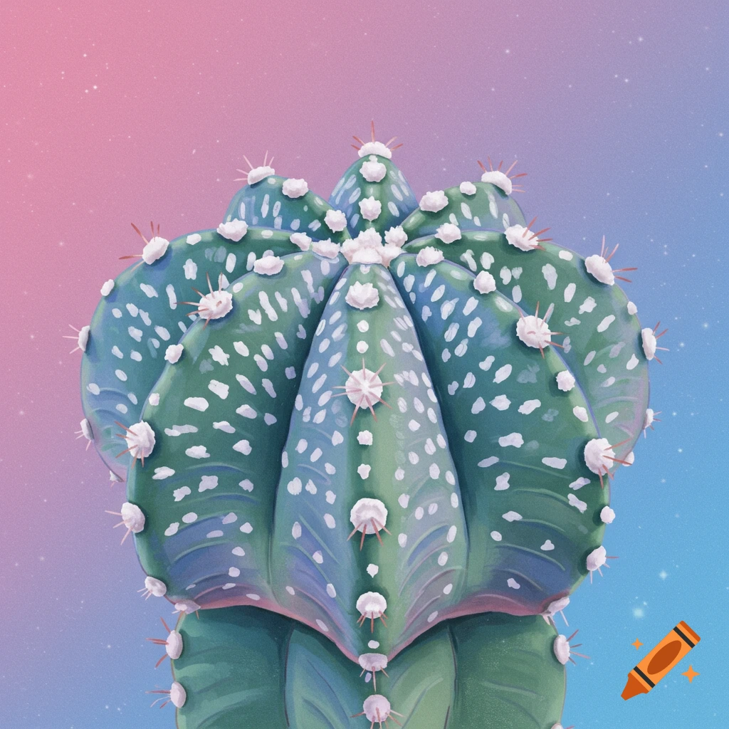 Detailed illustration of a green cactus with white spots and pink spines on a starry pink and blue gradient background.