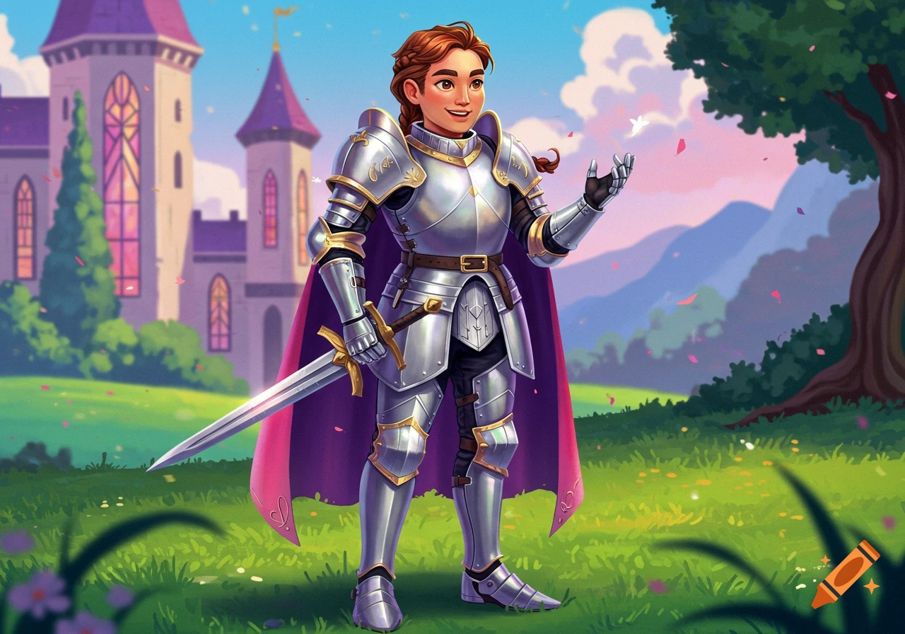 An illustration of a knight in shining armor standing in a field before a castle.
