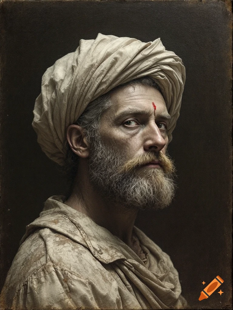 Portrait of a bearded man wearing a turban, looking towards the camera with a serious expression. Painted style.