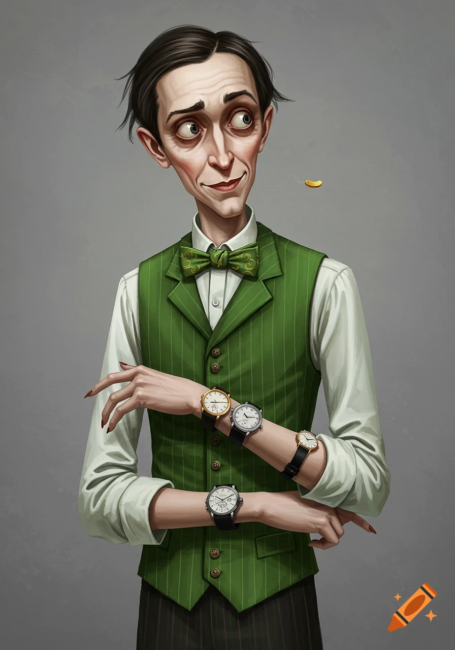 Stylized illustration of a skinny man in a green waistcoat wearing multiple watches, with a coin floating nearby.