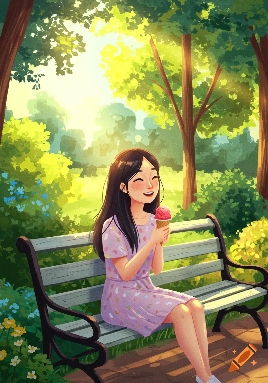 Illustration of a girl sitting on a park bench eating ice cream.