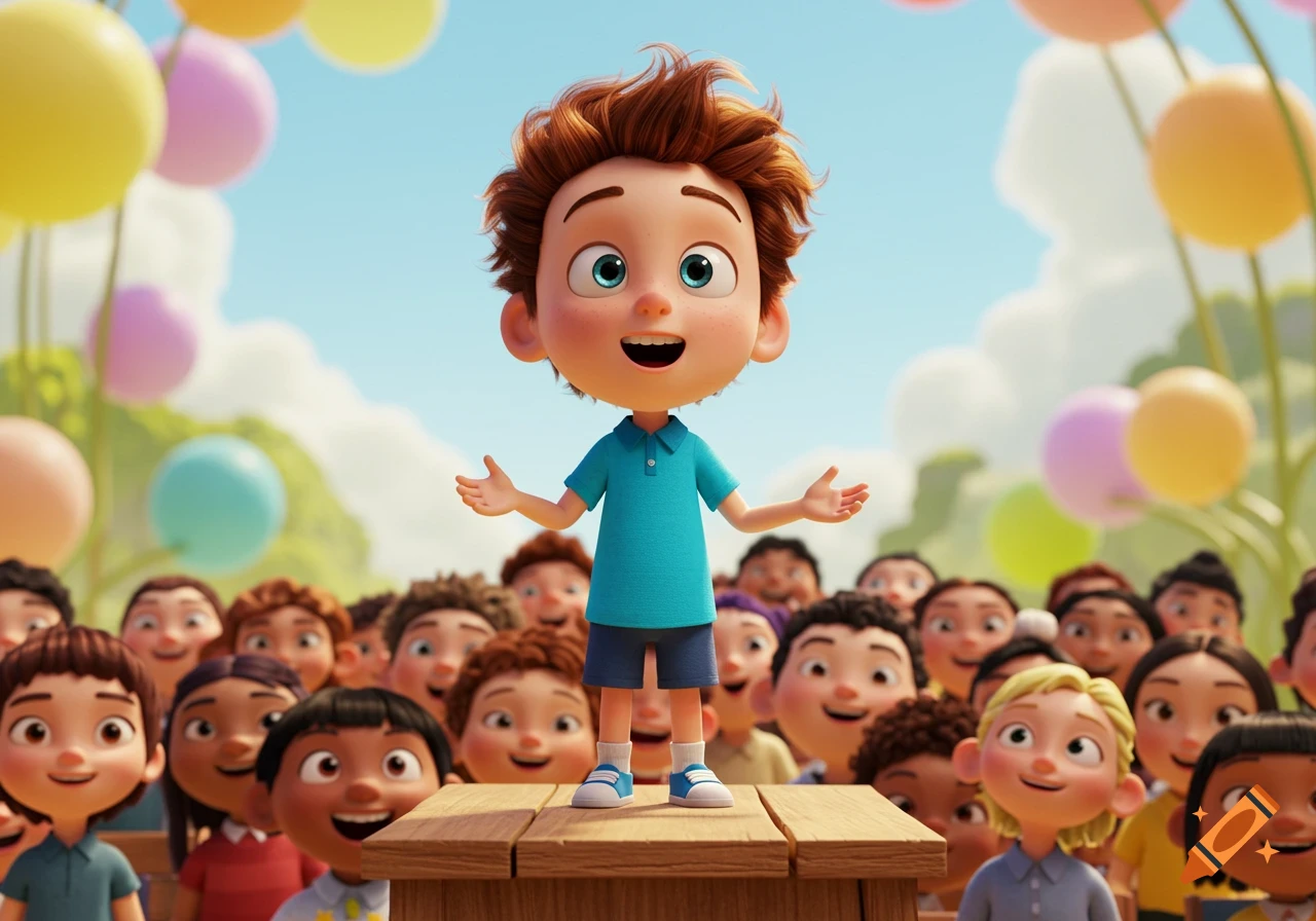 A Pixar style cartoon of a young boy giving a speech to a crowd of children.