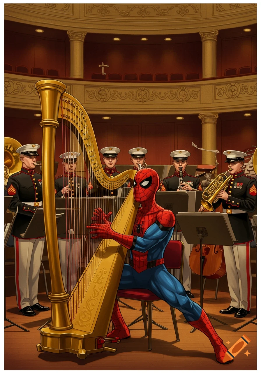 Spiderman plays a golden harp in front of a U.S. Marine band in an ...