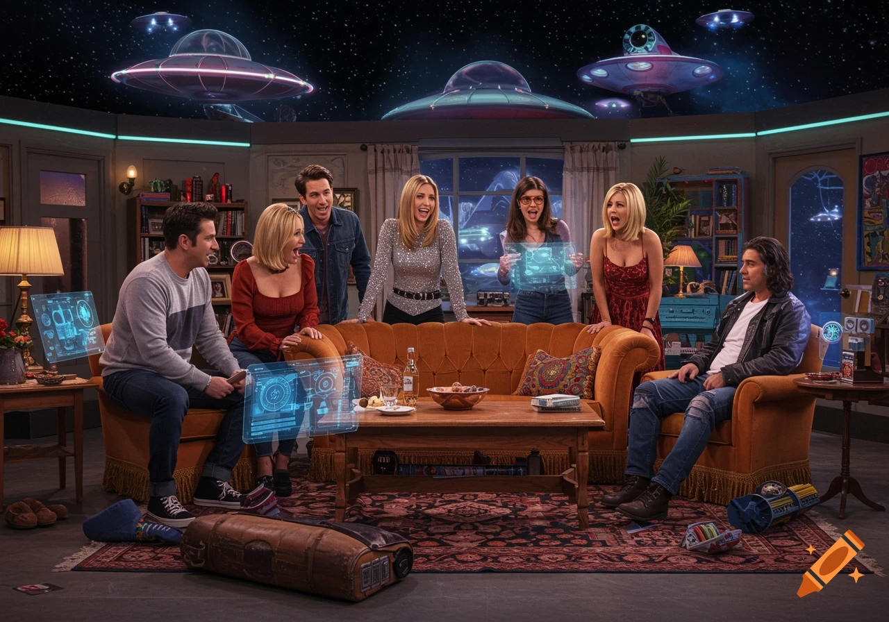 A group reacts to UFOs in a living room with futuristic displays.