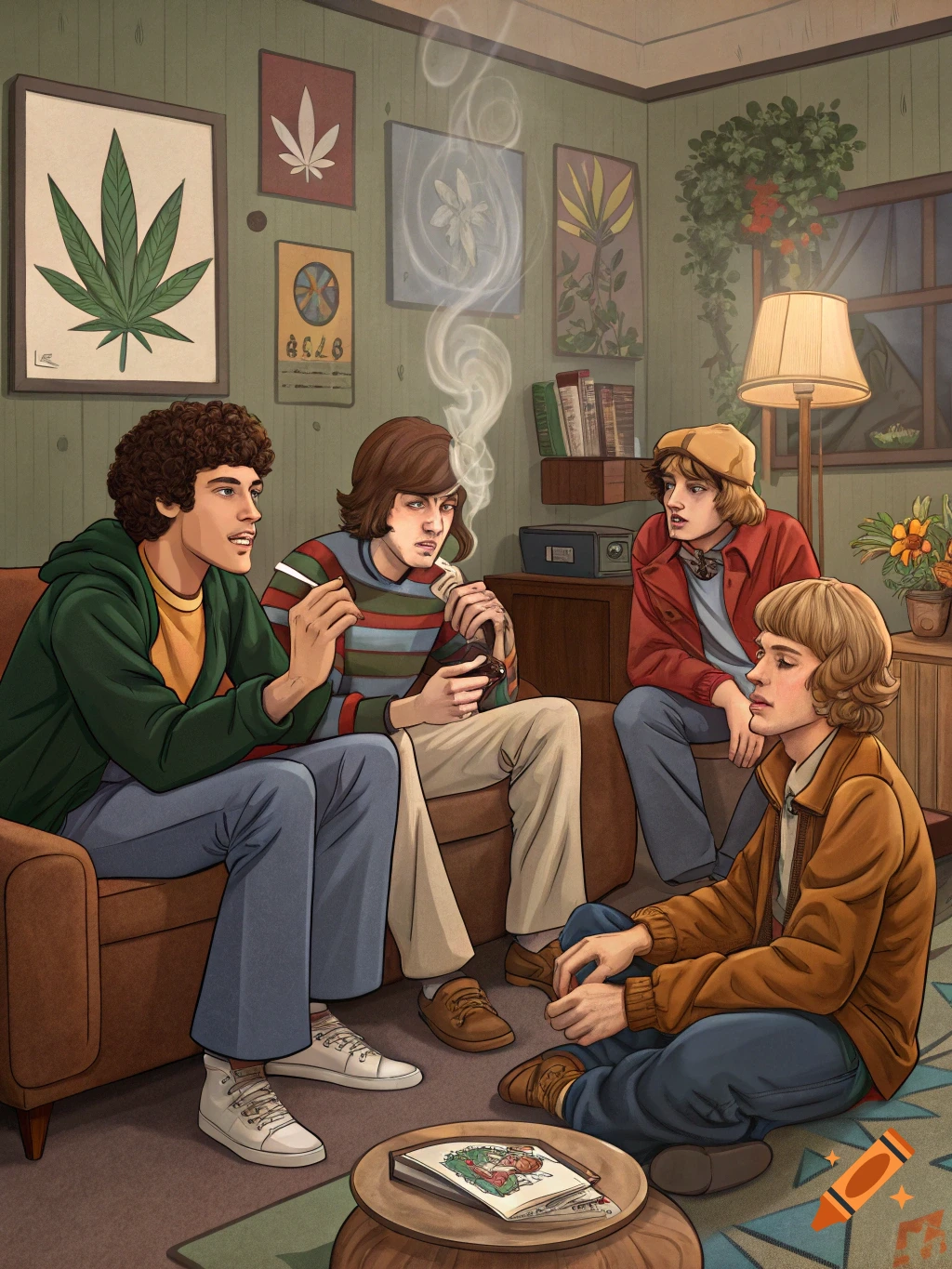 Illustration of four young men smoking and relaxing in a 70s living room with cannabis decor.