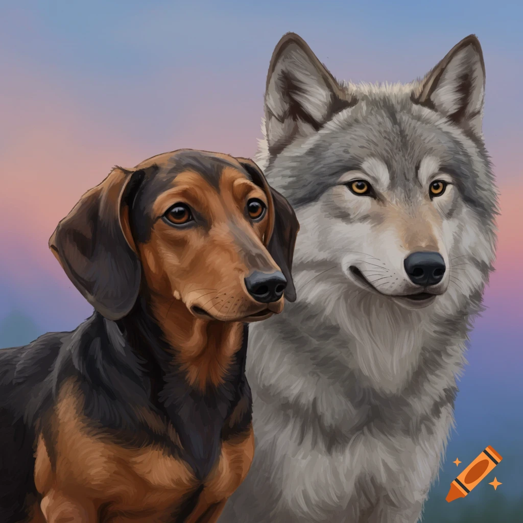 Digital painting of a Dachshund dog and a wolf standing together