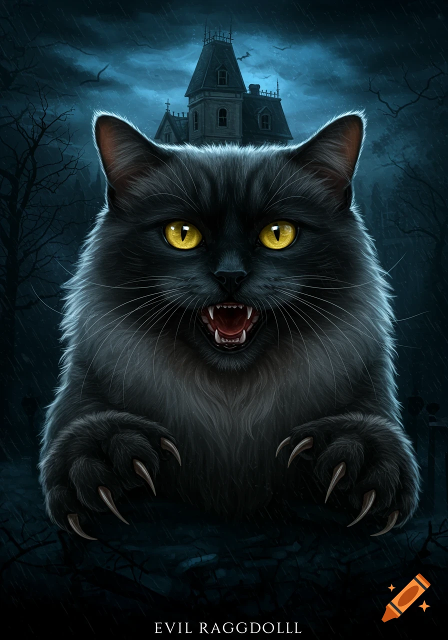 A menacing black cat with glowing yellow eyes and bared teeth reaches forward, set against a spooky house backdrop in a stormy night.
