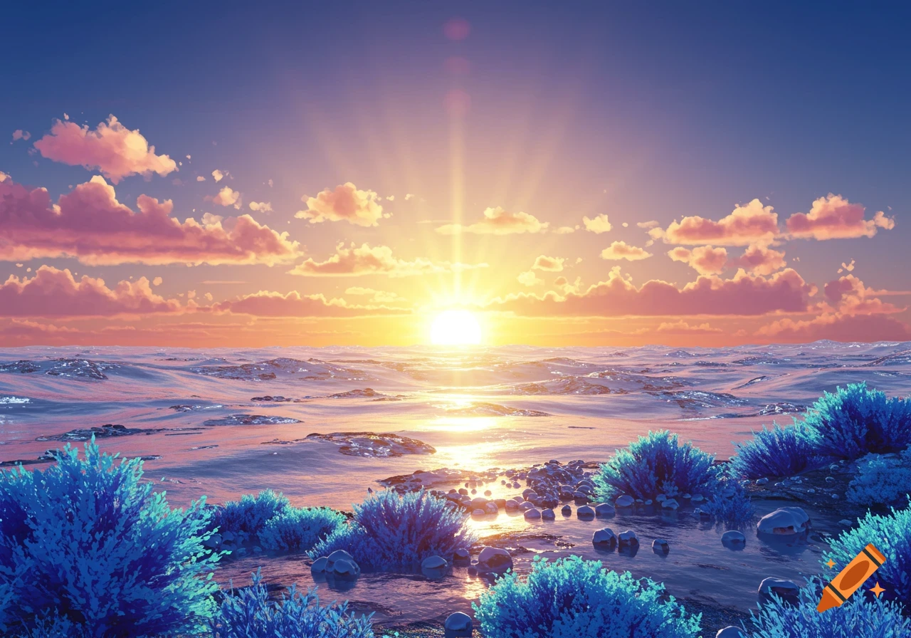 A vibrant sunrise over calm water with purple and blue foliage in the foreground.