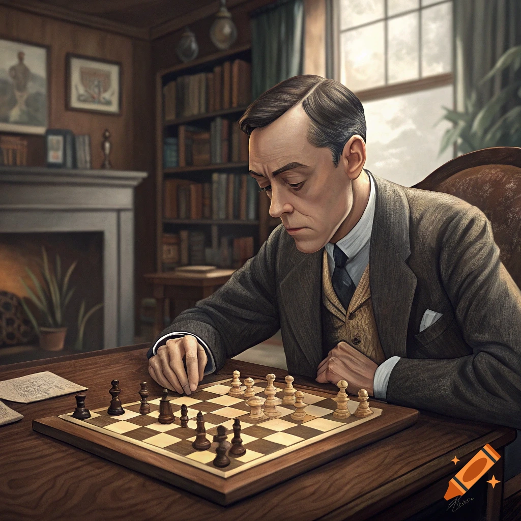A man plays chess at a table in a library. Realistic painting style.