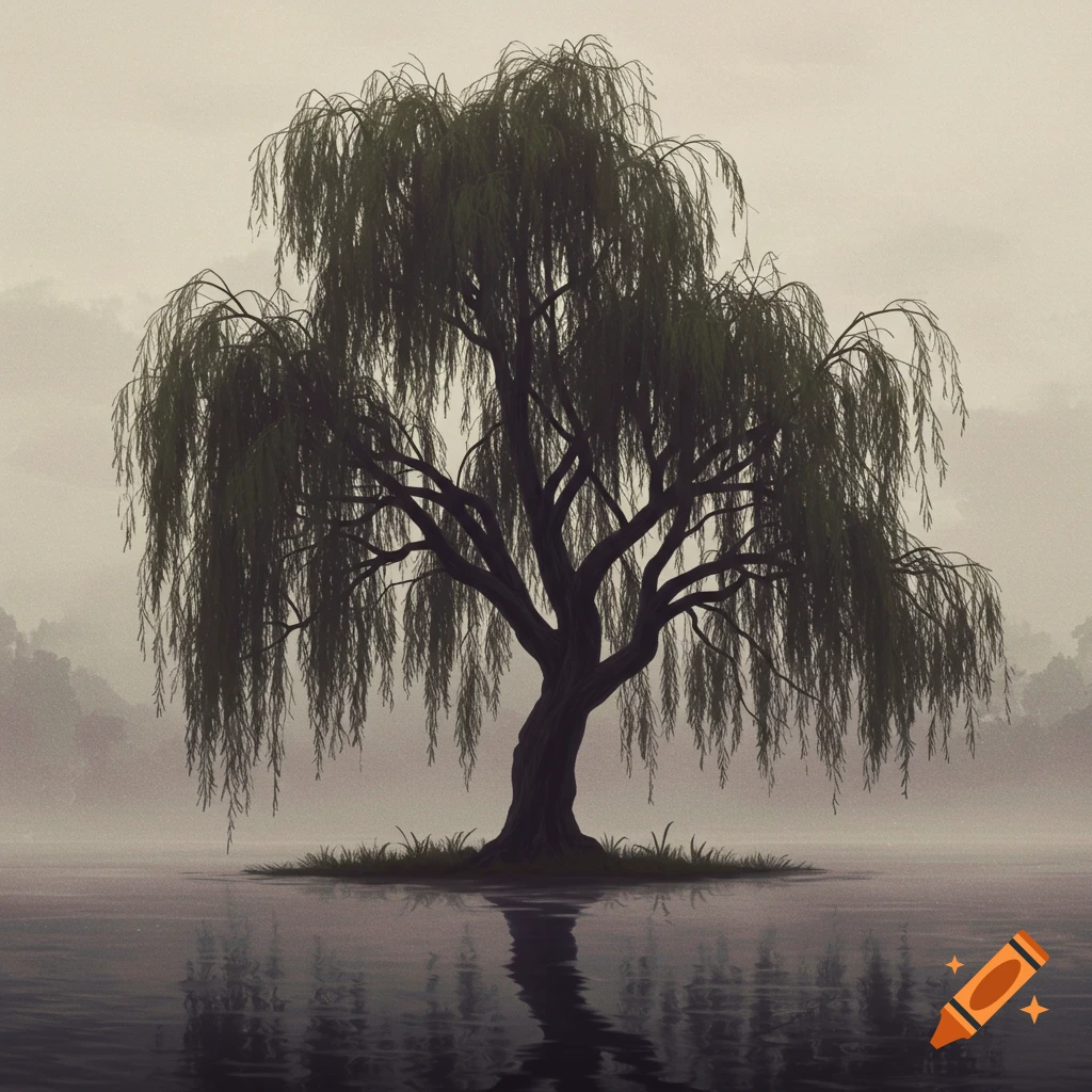 A solitary weeping willow tree stands by a misty lake