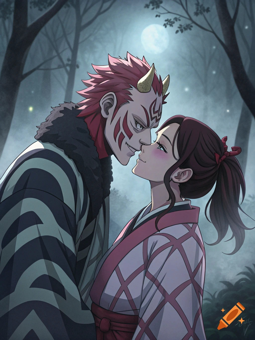 Anime illustration of Akaza and Kanao looking intimately at each other in a forest at night.