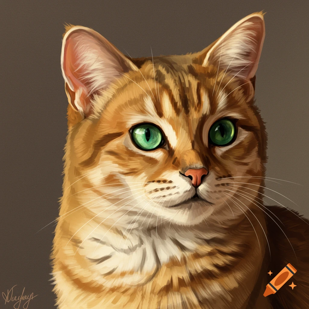 A digital painting portrait of an orange tabby cat with bright green ...