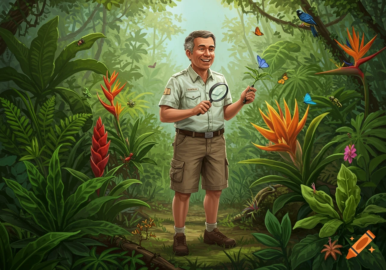 Illustration of a biology teacher with a magnifying glass looking at a plant in a lush jungle surrounded by insects and butterflies.
