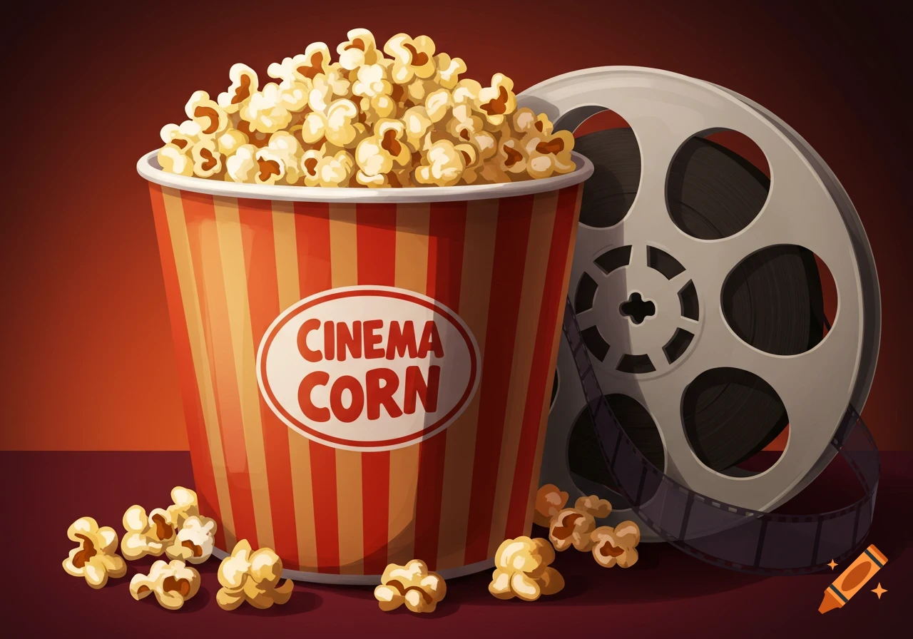 An illustration of a bucket of popcorn next to a film reel.