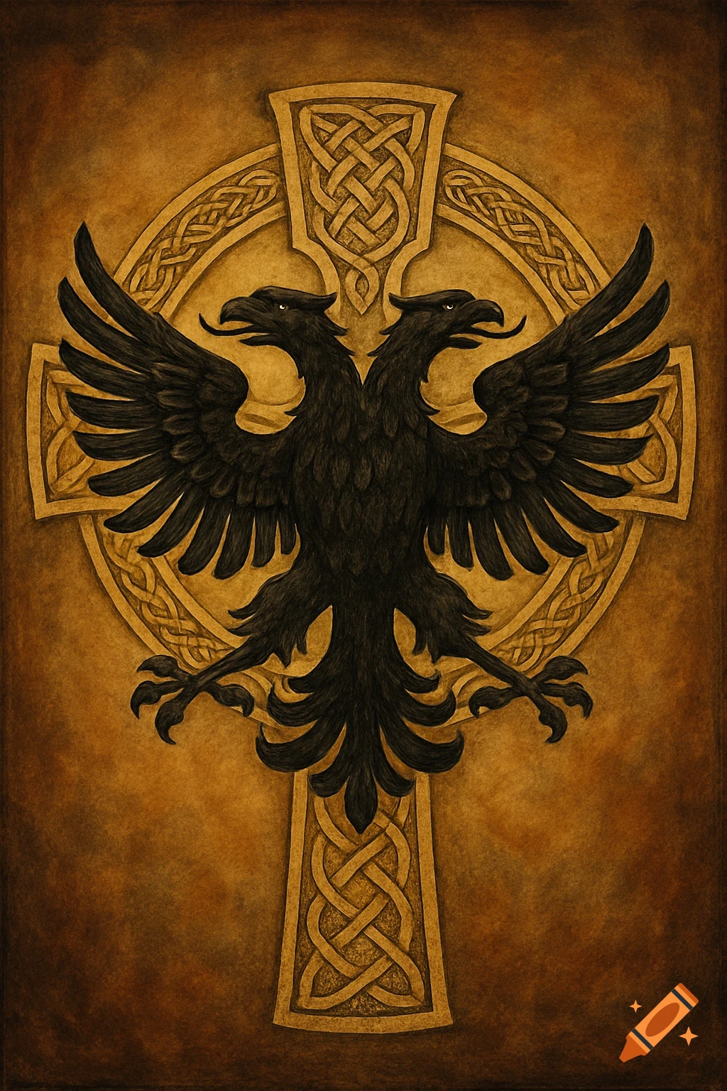 A black double-headed eagle on a gold Celtic cross with intricate knotwork, illustrated style