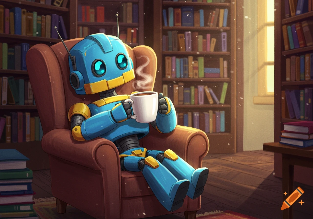 A cartoon robot sits in an armchair in a library, drinking coffee.