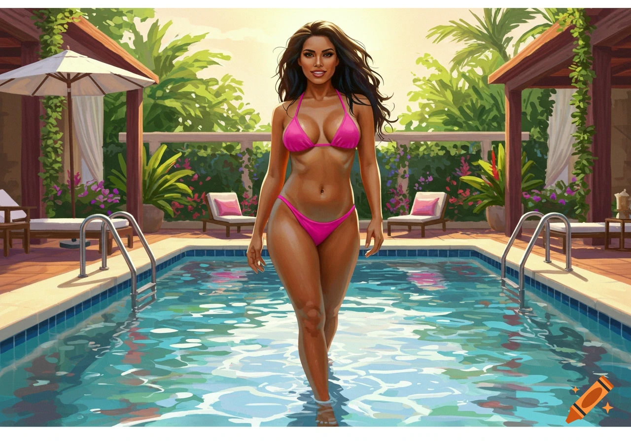 A woman in a pink bikini walking out of a pool at a tropical resort.