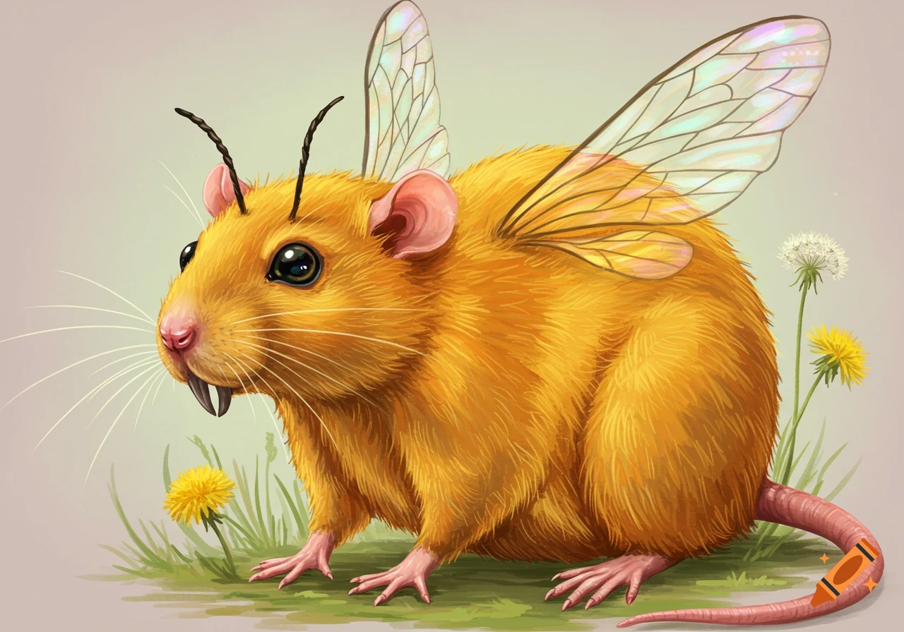 A furry golden rat with bee wings and antennae stands in the grass next to dandelions.