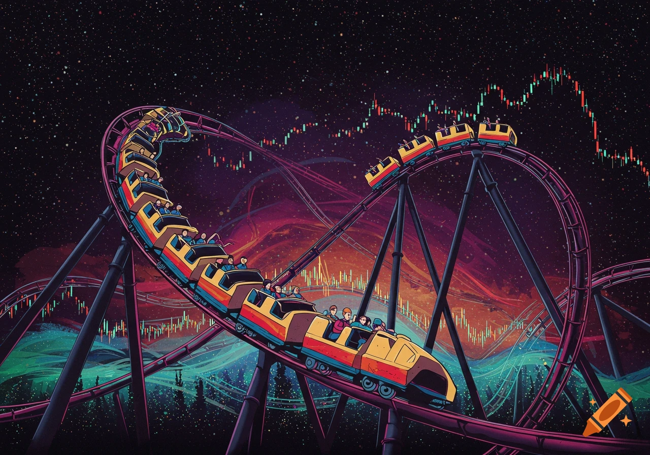 Illustrative depiction of a roller coaster ride against a starry sky with stock market charts