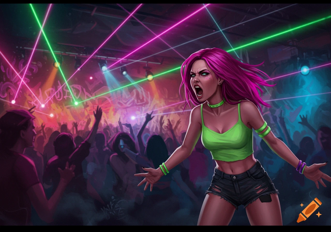 A woman with pink hair shouts during a vibrant rave with green and pink lasers over a dancing crowd.