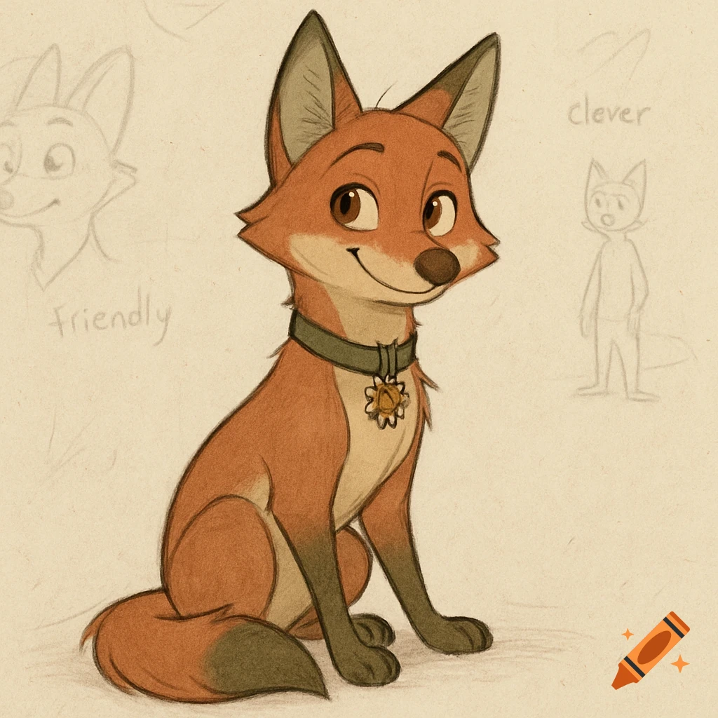 A cartoon sketch of a sitting anthropomorphic fox with a collar, against a background with faint concept notes.