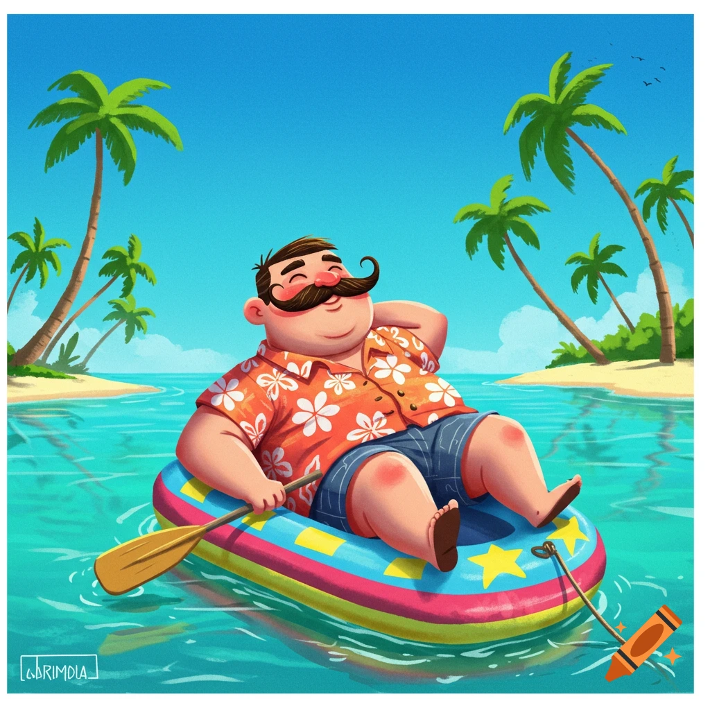 Cartoon illustration of a man with a mustache relaxing on an inflatable boat in tropical water.