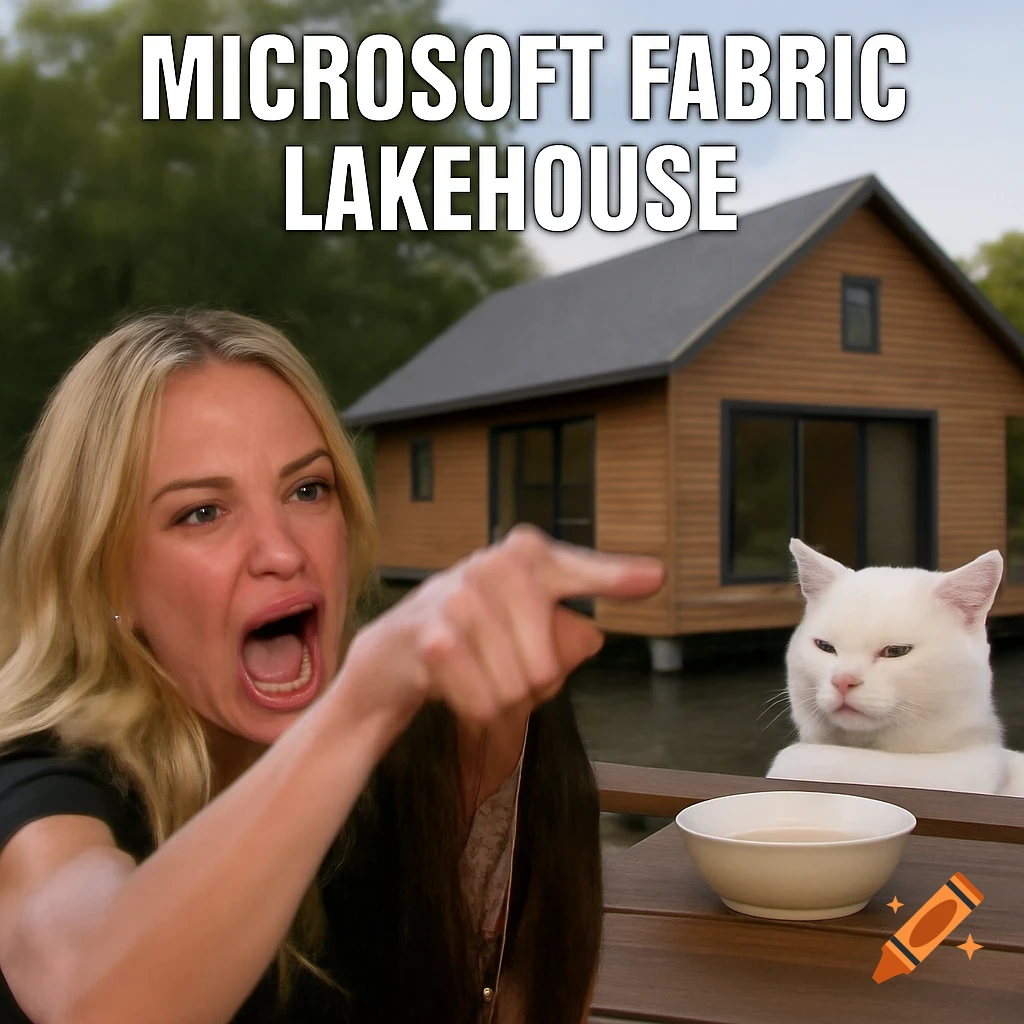 Yelling woman meme template with text "MICROSOFT FABRIC LAKEHOUSE"