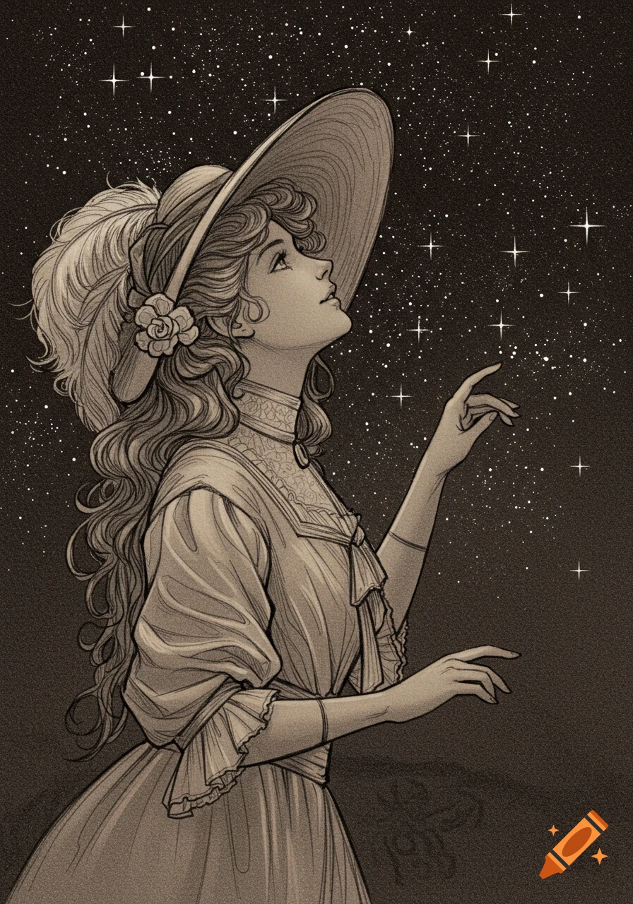 Sketch of a woman in a large hat looking up at stars.