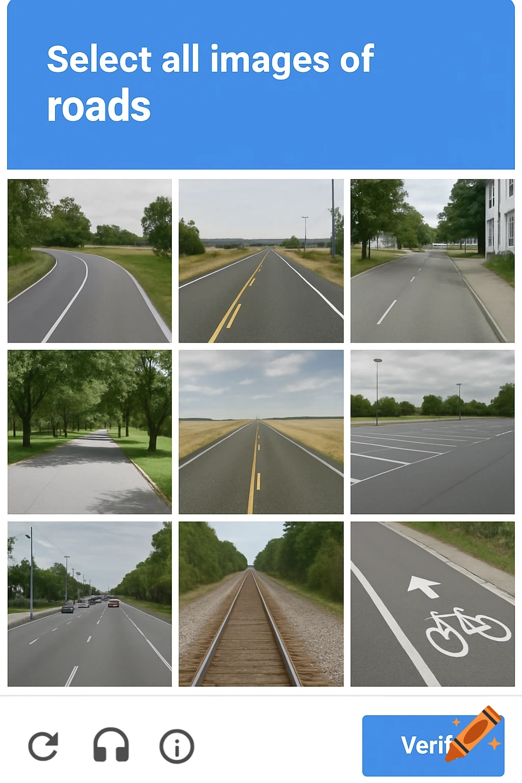 A CAPTCHA interface displaying a grid of images including roads, a railway, and a parking lot, with the prompt 'Select all images of roads'.