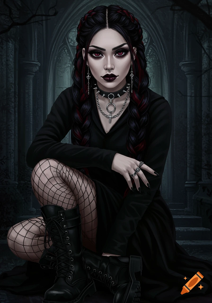 A goth woman with braided dark hair, red streaks, dark makeup, fishnet stockings, and boots kneels in front of a gothic building.