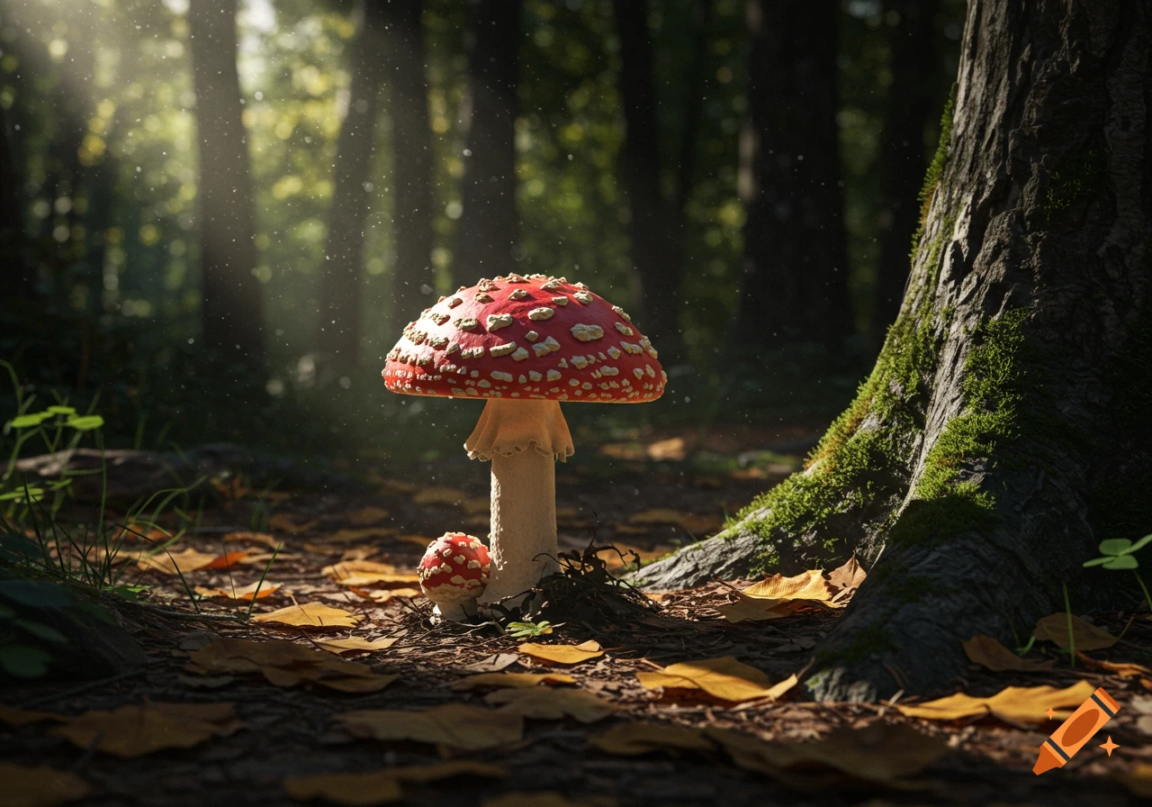 A large and small red and white spotted mushroom sit on the forest floor in dappled sunlight next to a tree trunk.