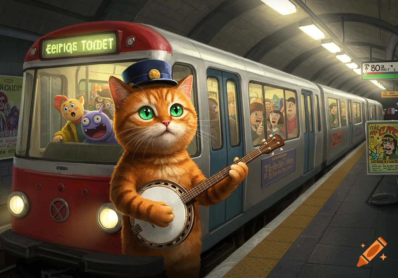A cartoon ginger cat wearing a hat plays a banjo on a subway platform next to a train.