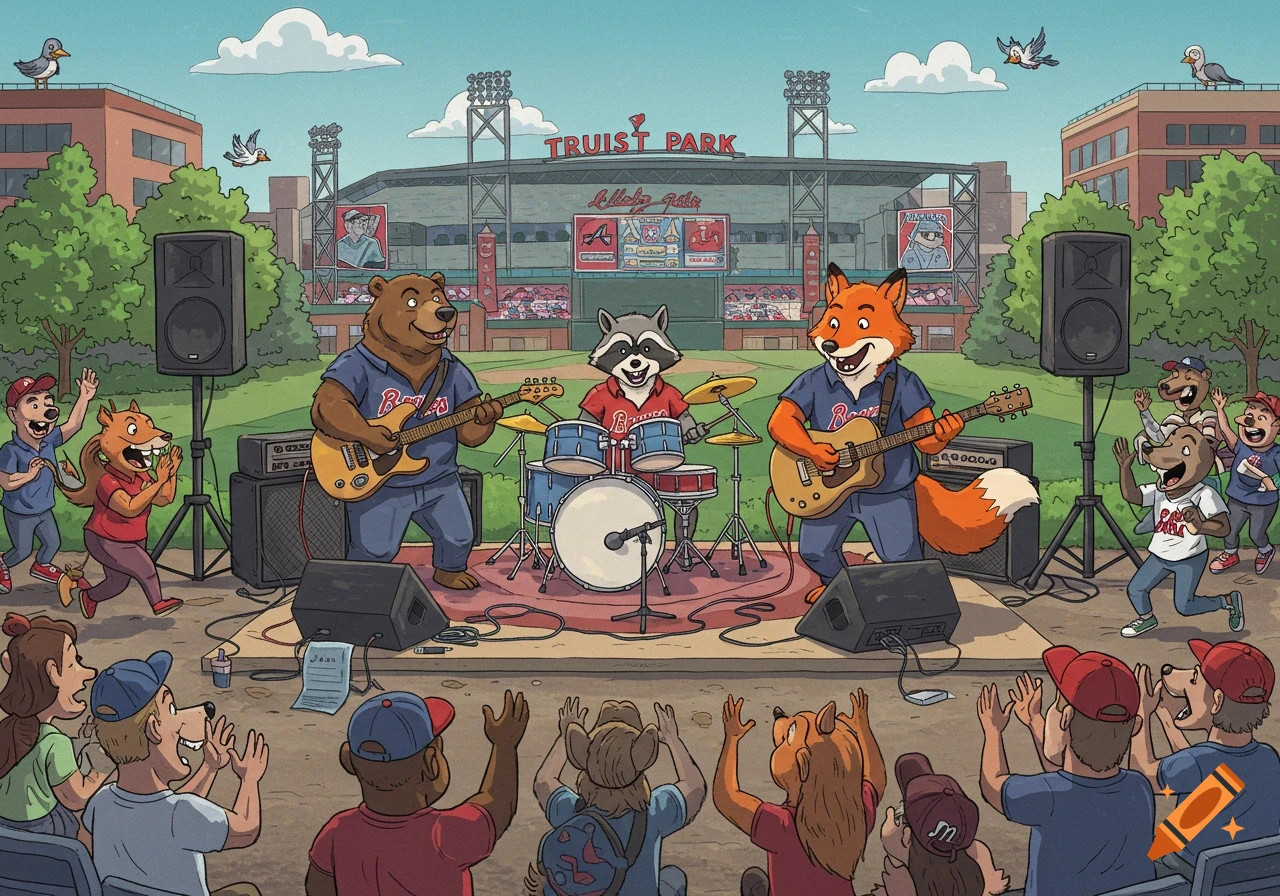 Cartoon of a bear, raccoon, and fox band playing outside Truist Park baseball stadium for a crowd of animal people.