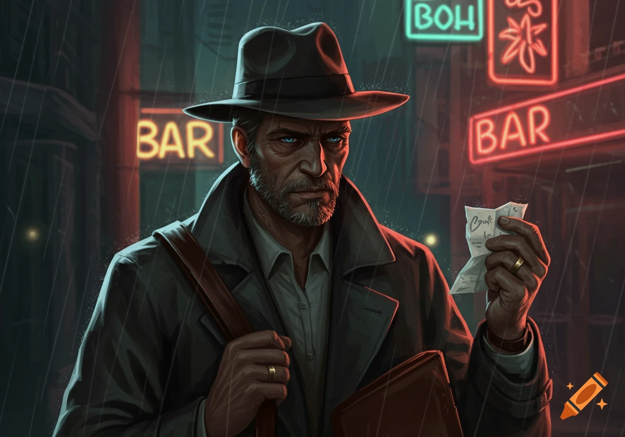 An illustration of a man in a fedora and trench coat holding a crumpled paper in the rain, with neon signs behind him.