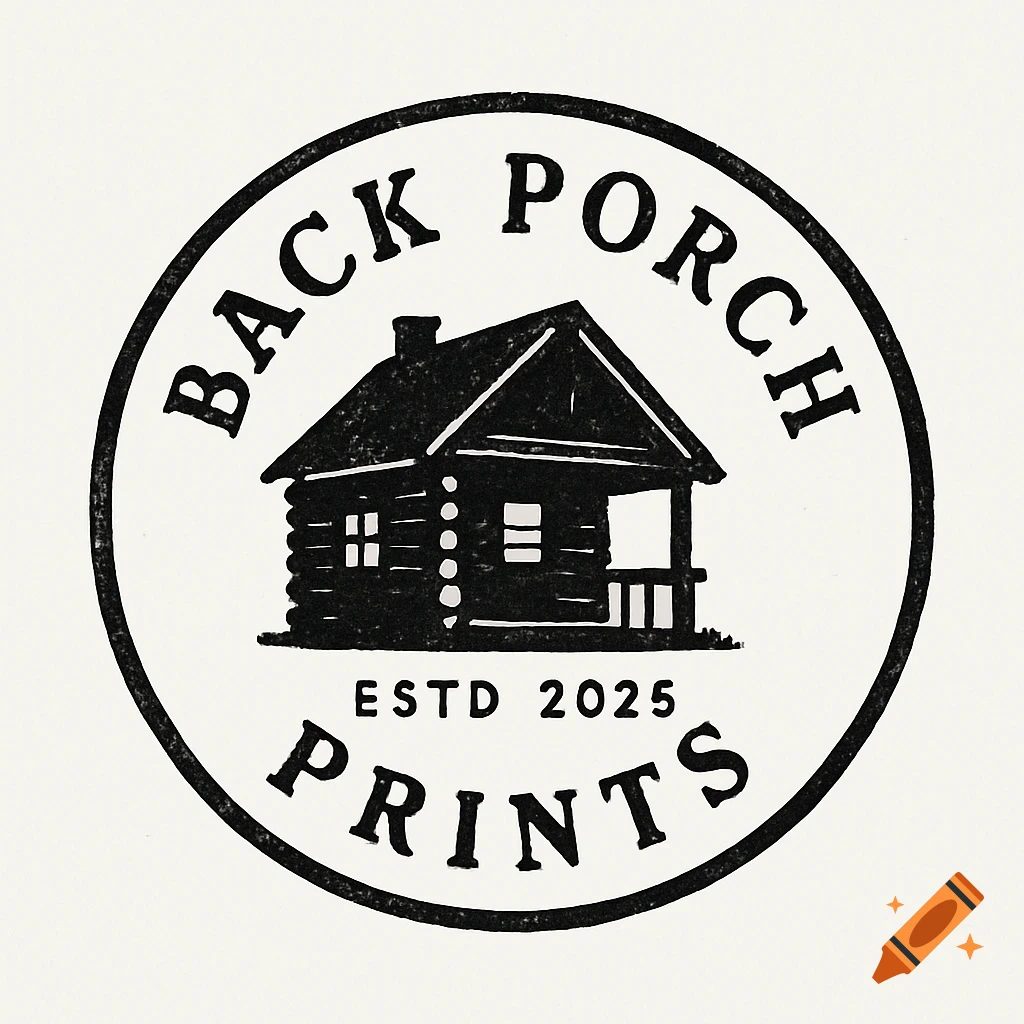 Black circular logo with a rustic cabin silhouette and the text 'Back Porch Prints ESTD 2025' on a white background.