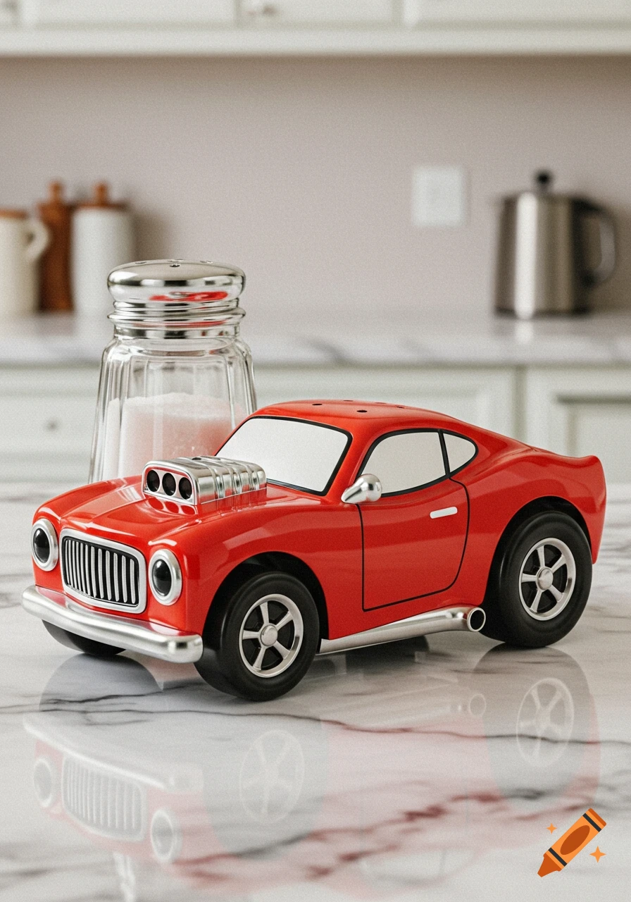 A red toy race car salt shaker on a marble kitchen counter.