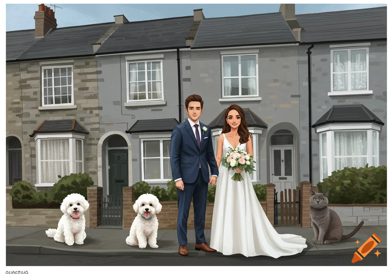Illustration of a wedding couple with two white dogs and a grey cat in front of terraced houses.