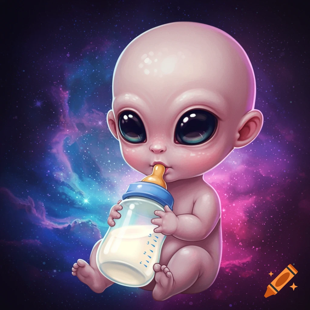 Cute baby alien drinking from a bottle against a space background.