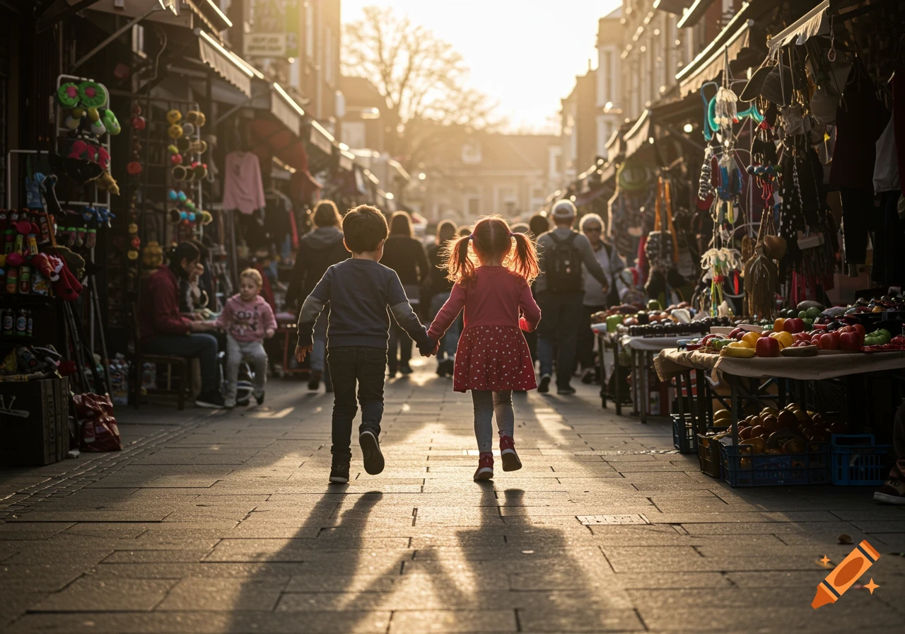 Two children holding hands walk down a sunny market street lined with stalls and people in this photorealistic image.