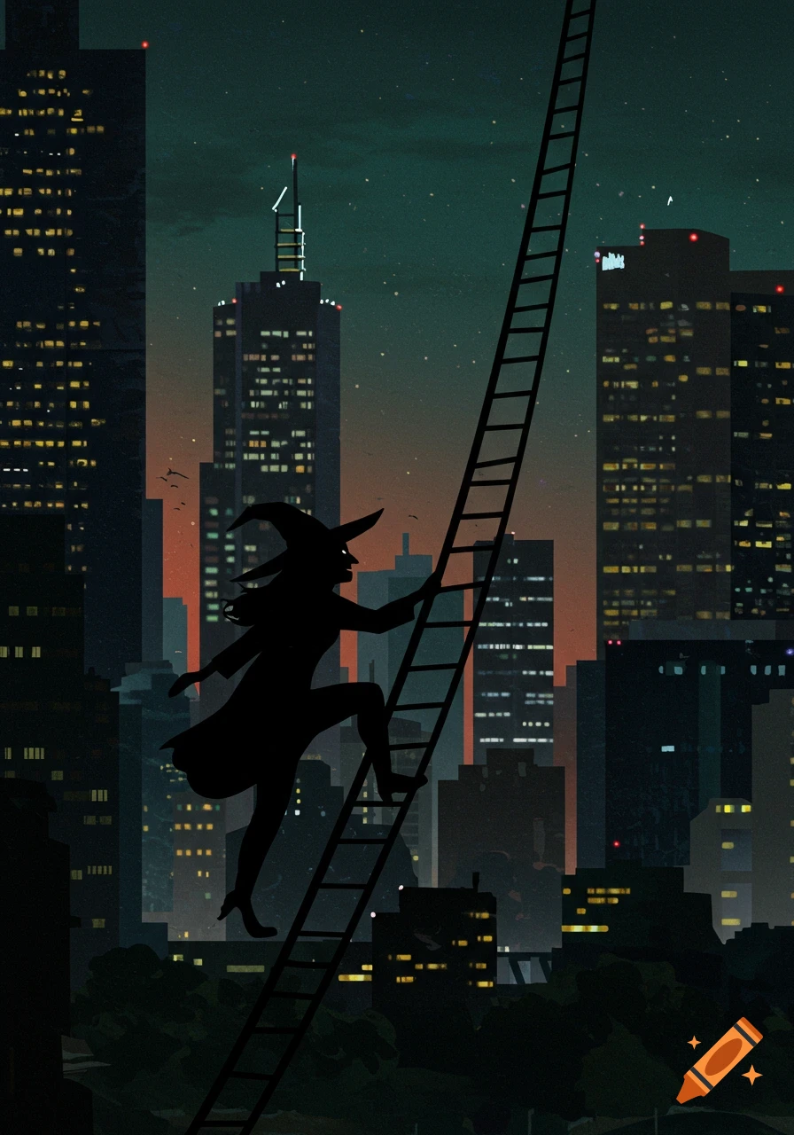 Silhouette of a witch climbing a tall ladder up into the night sky over a city.