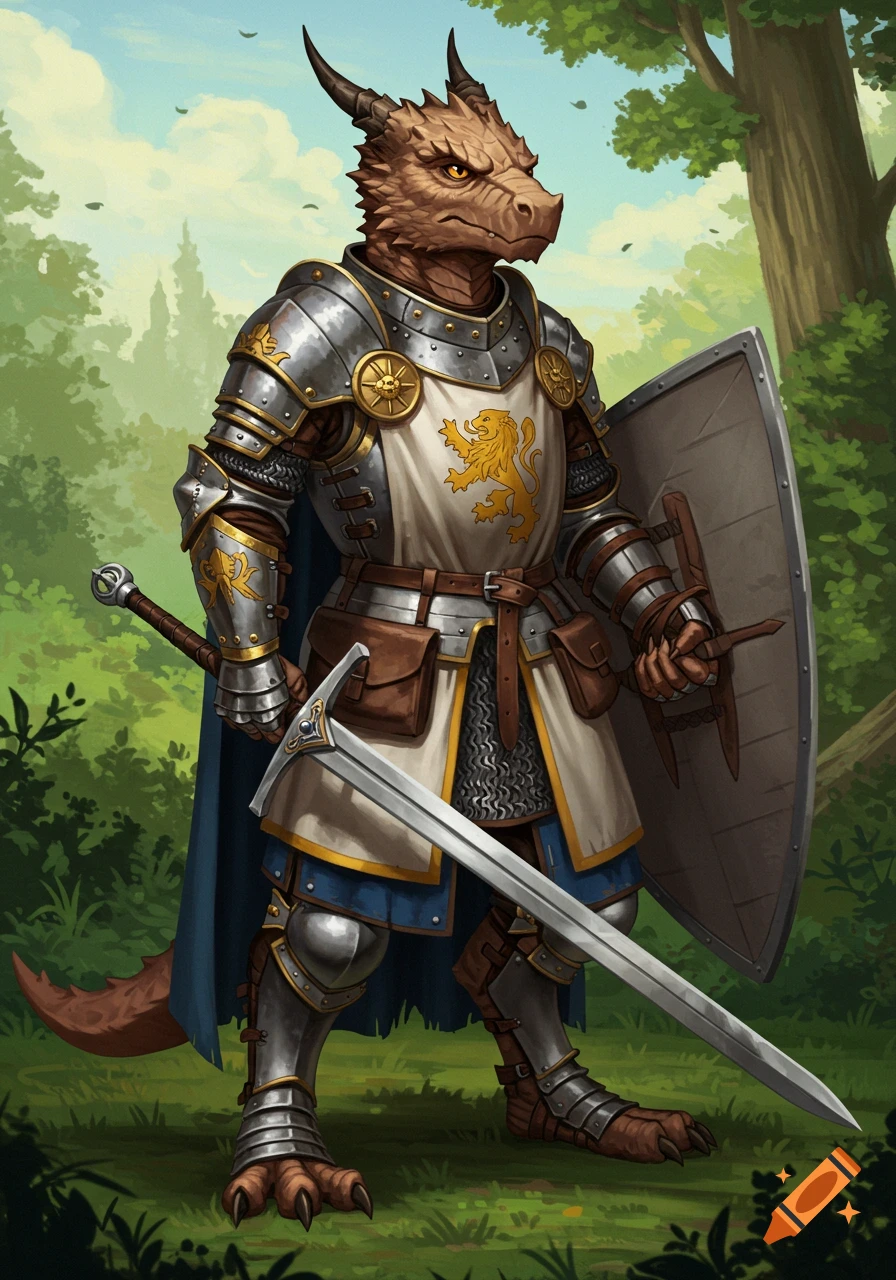 A dragon-like knight in full plate armor and tabard with a lion emblem stands in a forest clearing, holding a longsword and shield.
